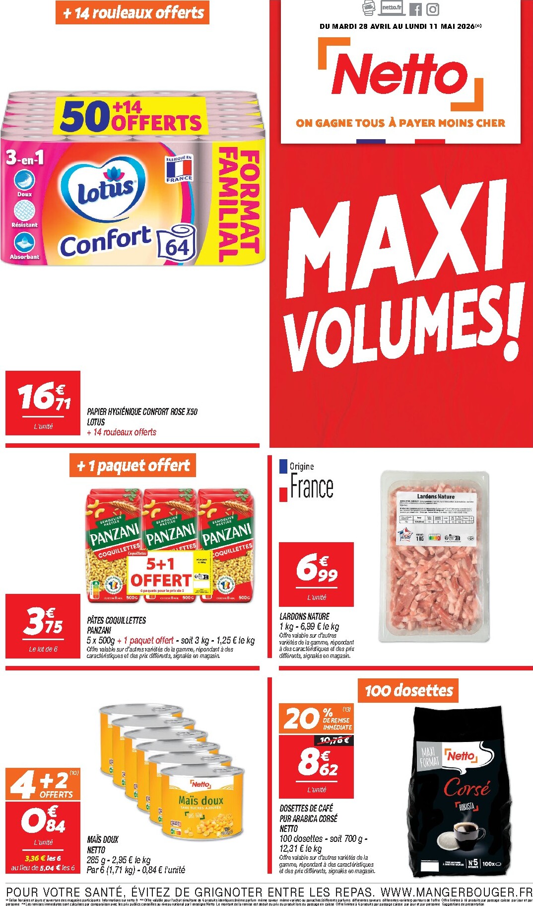 netto - Flyer Netto - Maxi Volumes pour la semaine prochaine du du mardi 28/04/2026 au du lundi 11/05/2026