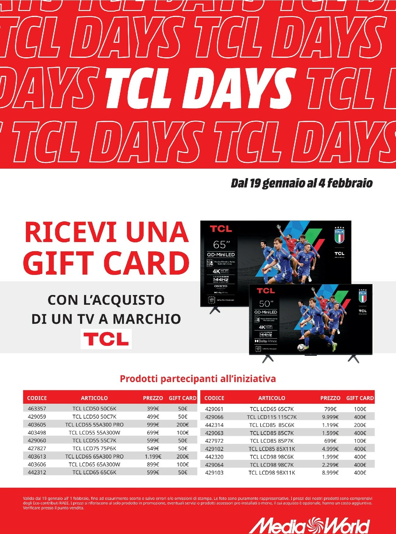 mediaworld - Volantino Mediaworld - TCL Days valido dal 19/01 al 04/02