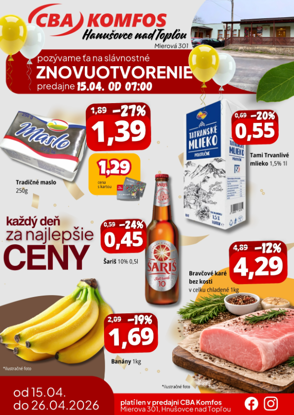 cba - Aktuálny leták CBA - Hanušovce nad Topľou od stredy, 15.04.2026 do nedele, 26.04.2026